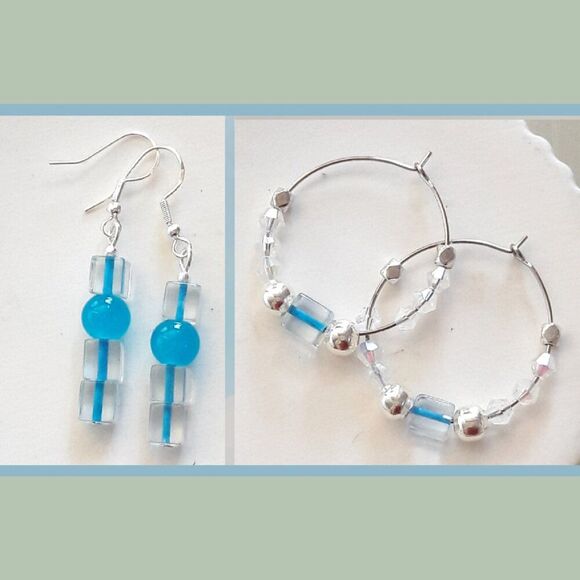 Boho Earrings  414# Asymmetric BBF Blue 2PairSet SilverHooks925Stamp Bohemian Bl - Picture 1 of 4